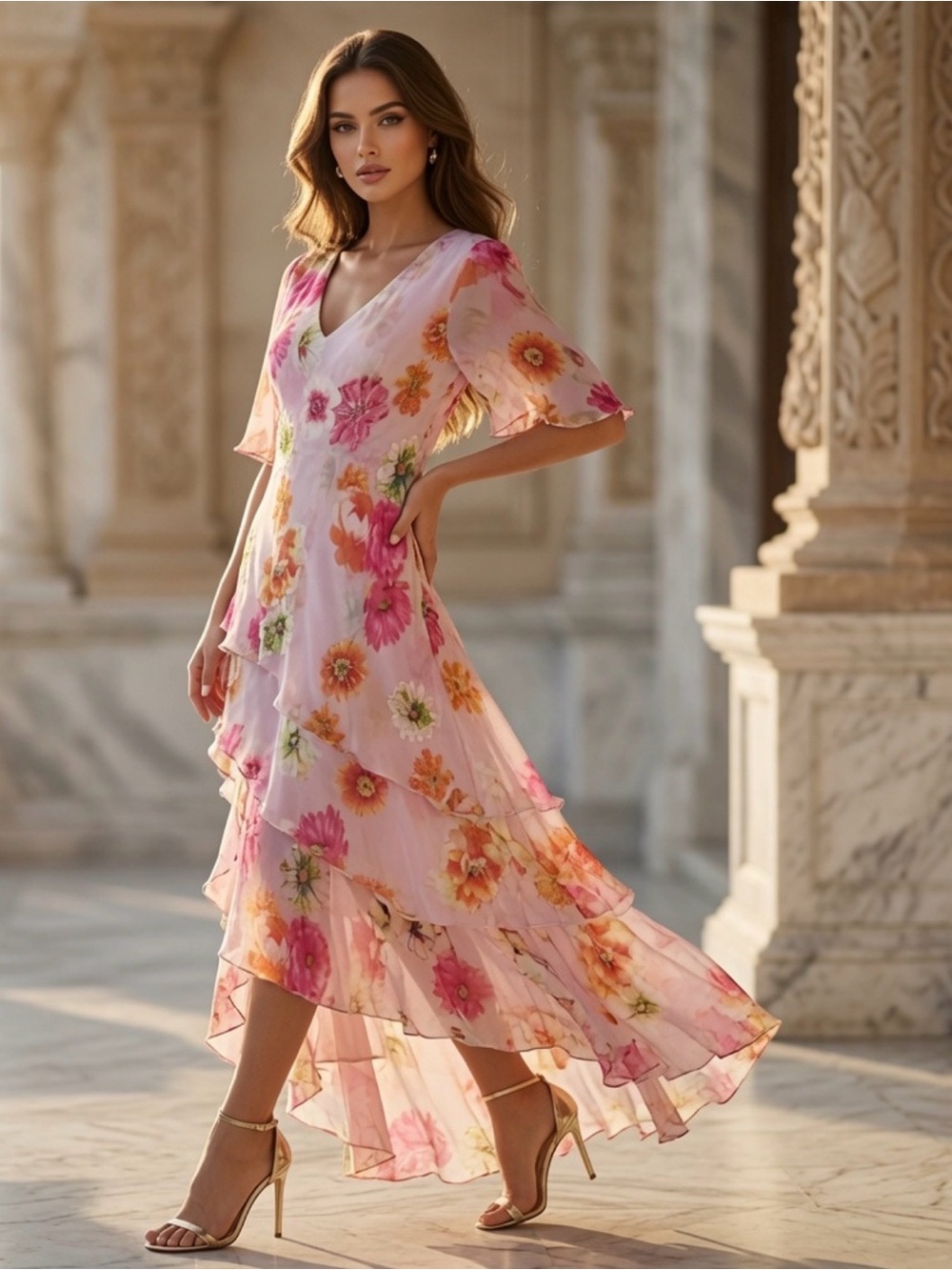 TERANI COUTURE 100% Silk Floral Pink Crystal Embellished Layered Dress NWT